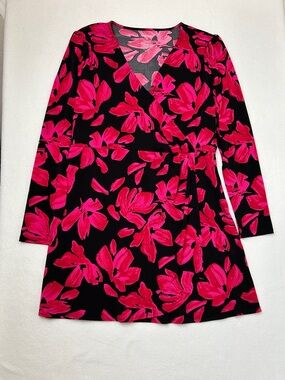 Nine West XL Pink Black Floral Wrap Dress Long Sleeve Stretch Midi